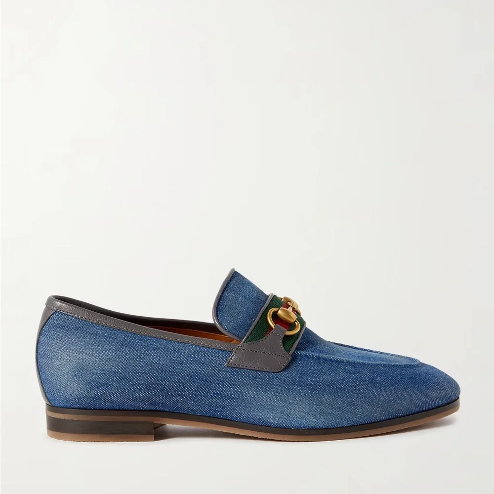 Gucci Blue Denim Horsebit Loafers with Green and Red Web